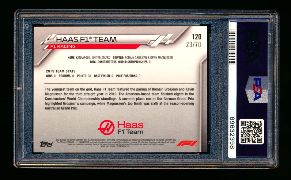 2020 Topps Chrome Sapphire F1 #120 Haas Team Logo RC 70th Silver Refractor #23/70 PSA 8 ** (SOLD - $125.00 - 8/26/2025) **