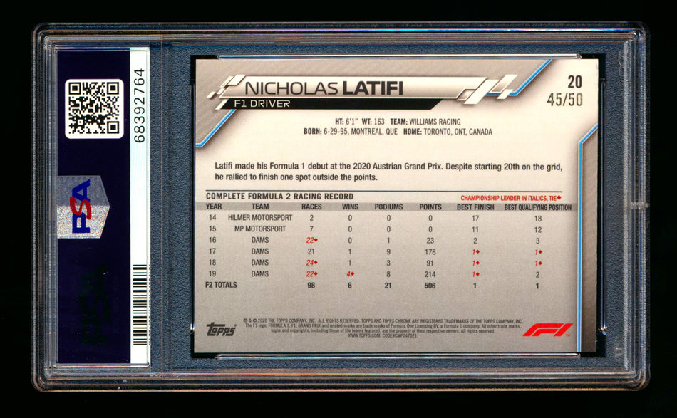 2020 Topps Chrome Sapphire F1 #20 Nicholas Latifi RC Gold Refractor Portrait #45/50 PSA 8
