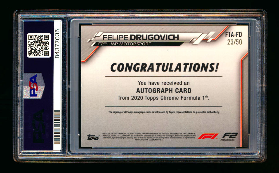 2020 Topps Chrome F1 #F1A-FD Felipe Drugovich RC Gold Wave Refractor Autograph #23/50 PSA 8