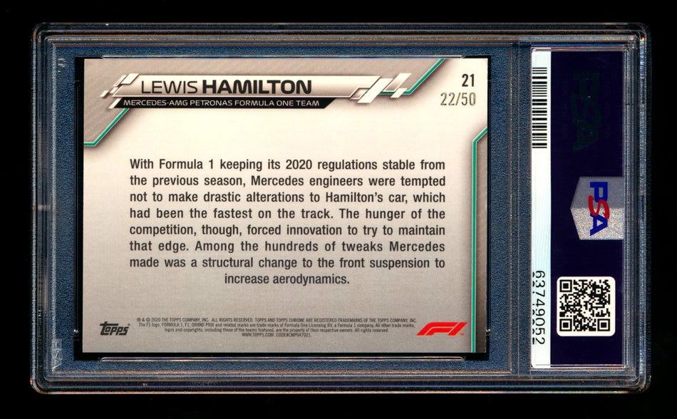 2020 Topps Chrome Sapphire F1 #21 Lewis Hamilton RC Gold Refractor #22/50 PSA 8