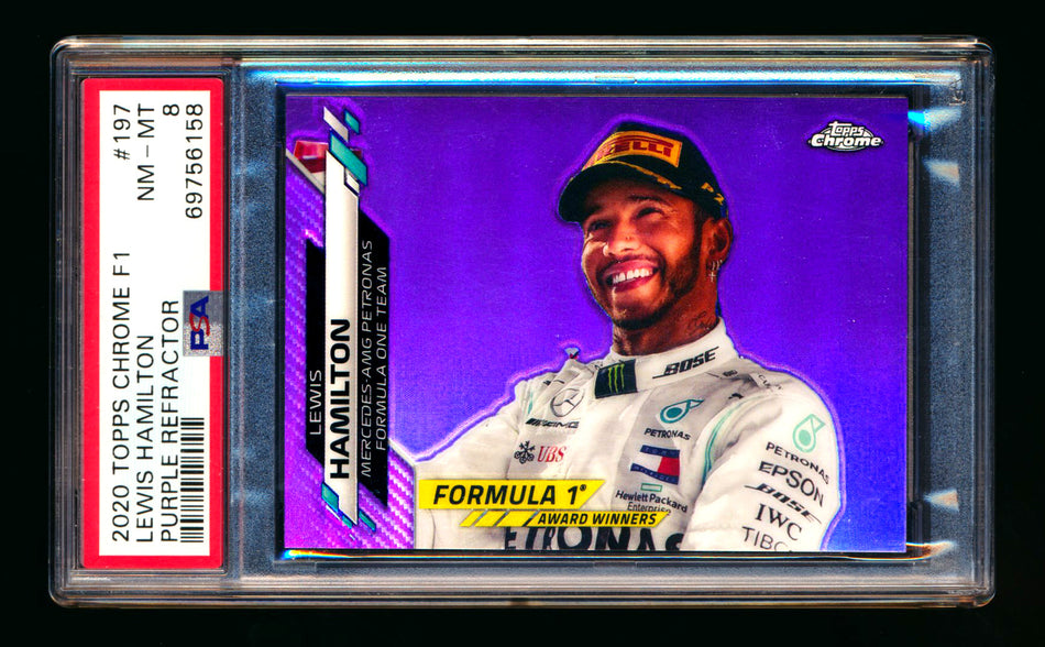 2020 Topps Chrome F1 #197 Lewis Hamilton RC Purple Refractor #385/399 PSA 8