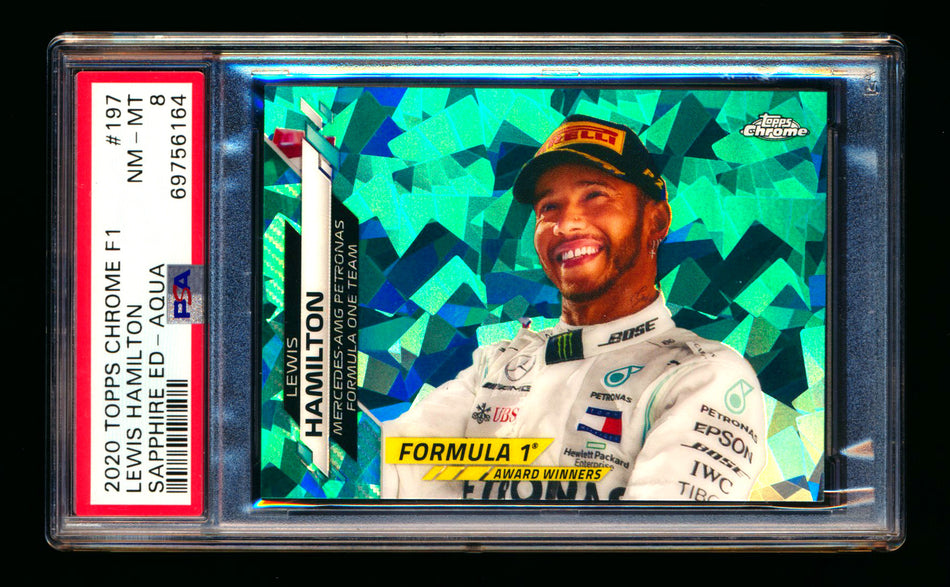 2020 Topps Chrome Sapphire F1 #197 Lewis Hamilton RC Aqua Refractor #16/99 PSA 8