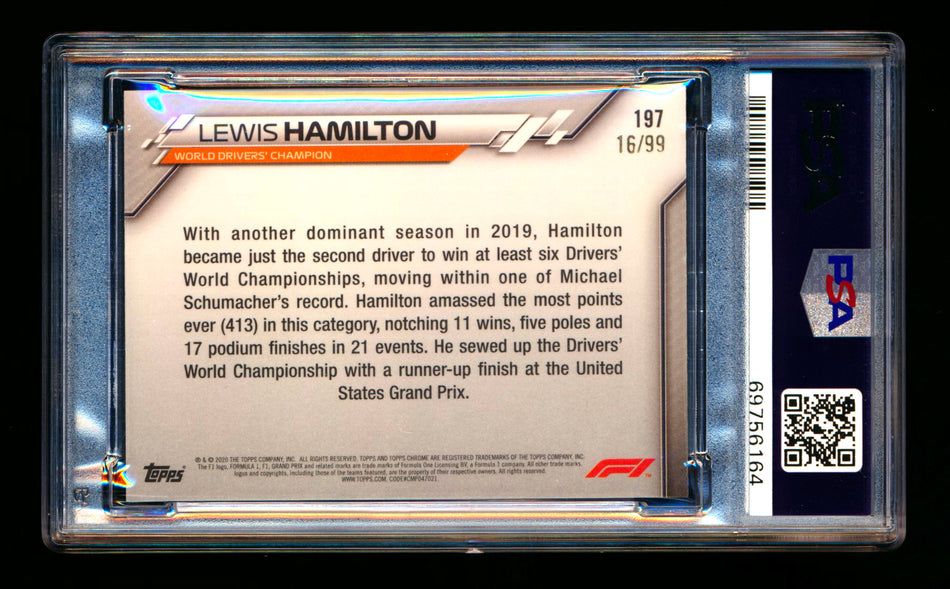 2020 Topps Chrome Sapphire F1 #197 Lewis Hamilton RC Aqua Refractor #16/99 PSA 8