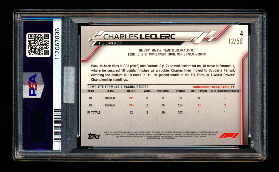 2020 Topps Chrome F1 #4 Charles Leclerc RC Gold Refractor Portrait #12/50 PSA 7