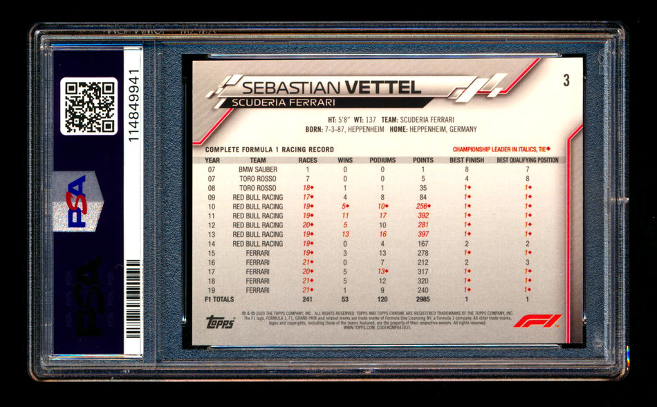 2020 Topps Chrome Sapphire F1 #3 Sebastian Vettel RC Refractor Image Variation SP PSA 8