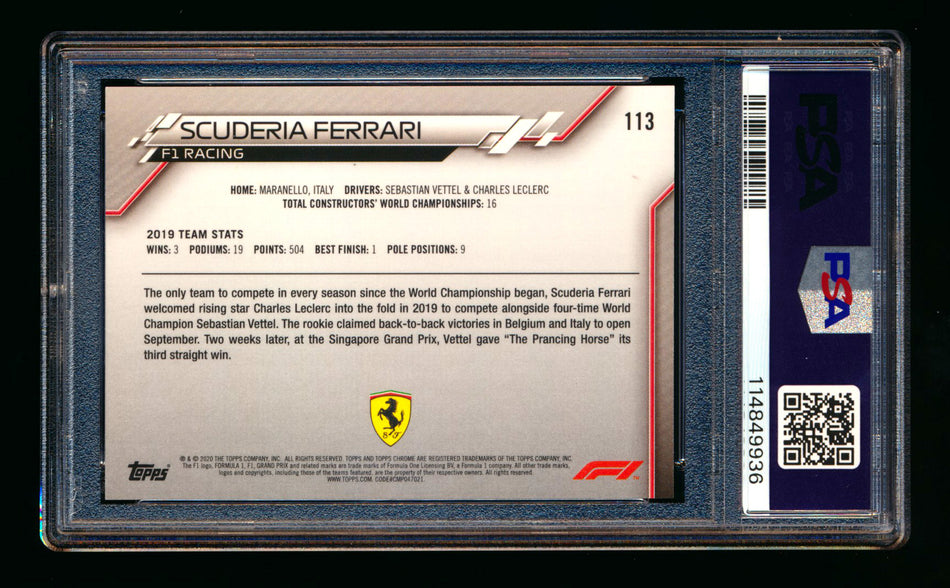 2020 Topps Chrome Sapphire F1 #113 Scuderia Ferrari Team Logo RC Refractor PSA 9 ** (SOLD eBay - $80.00 - 10/12/2025) **