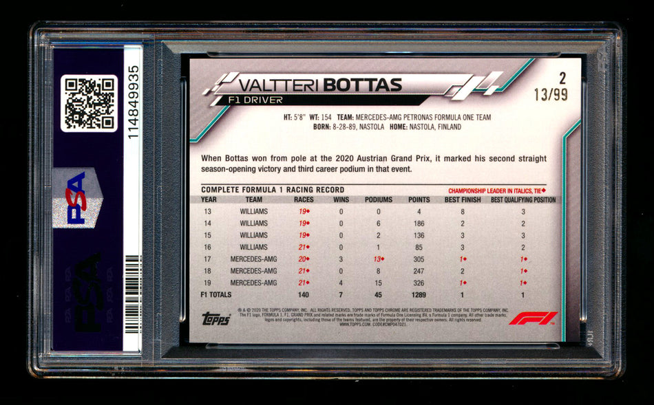 2020 Topps Chrome Sapphire F1 #2 Valtteri Bottas RC Aqua Refractor Portrait #13/99 PSA 10 - POP 1! ** (SOLD eBay - $400.00 - 9/12/2025) **