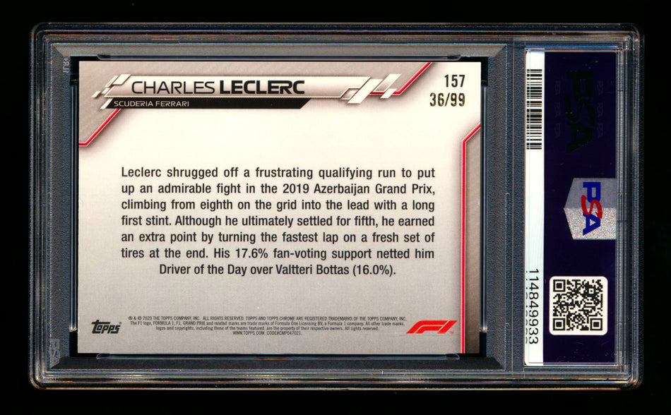 2020 Topps Chrome Sapphire F1 #157 Charles Leclerc RC Aqua Refractor #36/99 PSA 8 ** (SOLD eBay - $49.00 - 9/30/2025) **