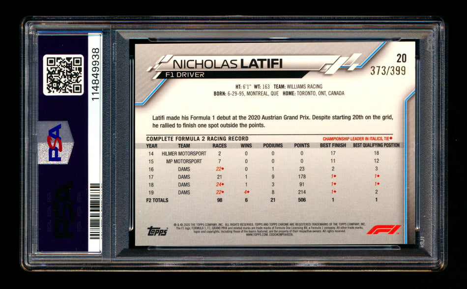 2020 Topps Chrome F1 #20 Nicholas Latifi RC Purple Refractor Portrait #373/399 PSA 9 ** (SOLD - $35.00 - 9/26/2025) **
