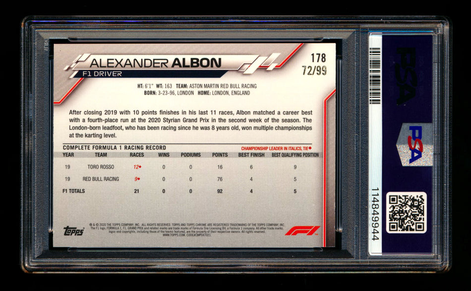 2020 Topps Chrome Sapphire F1 #178 Alexander Albon RC Aqua Refractor #72/99 PSA 9 ** (SOLD eBay - $89.00 - 9/11/2025) **