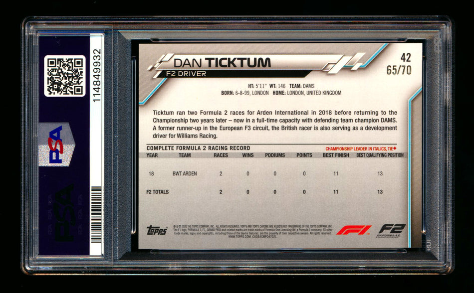 2020 Topps Chrome Sapphire F1 #42 Dan Ticktum RC 70th Silver Refractor #65/70 PSA 10 - POP 1!
