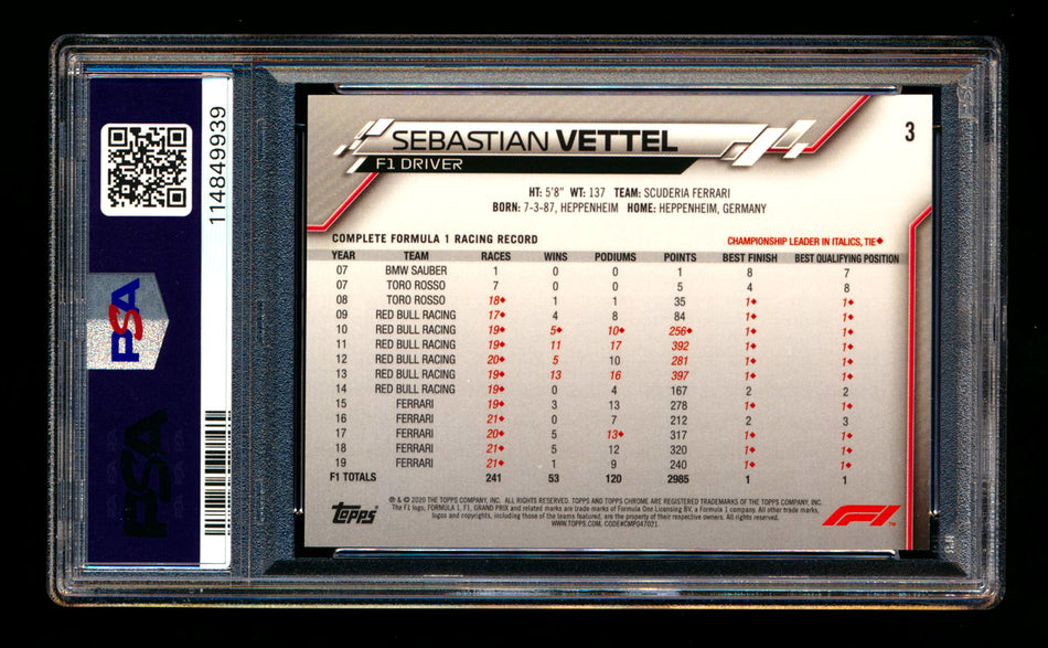 2020 Topps Chrome Sapphire F1 #3 Sebastian Vettel RC Refractor Portrait PSA 9