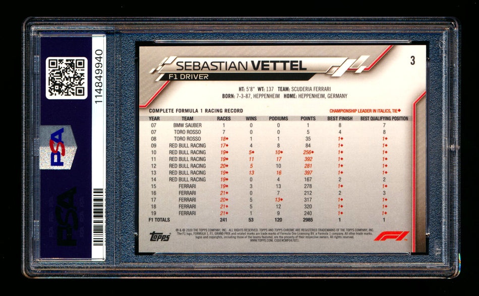 2020 Topps Chrome Sapphire F1 #3 Sebastian Vettel RC Refractor Portrait PSA 9