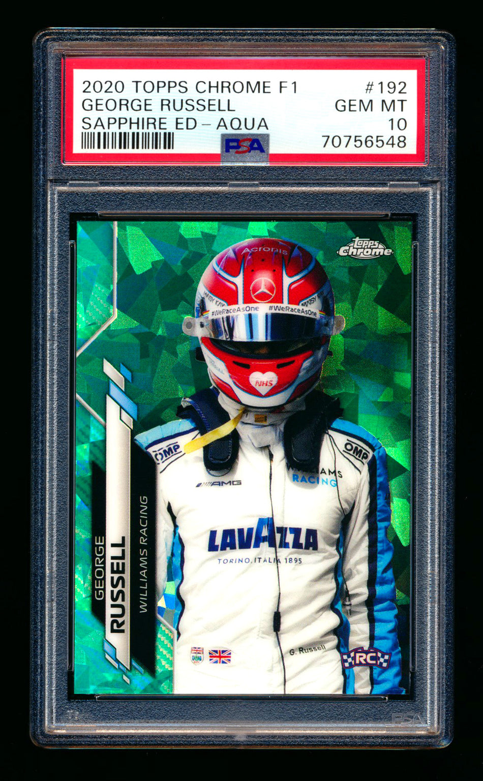 2020 Topps Chrome Sapphire F1 #192 George Russell RC Aqua Refractor #08/99 PSA 10