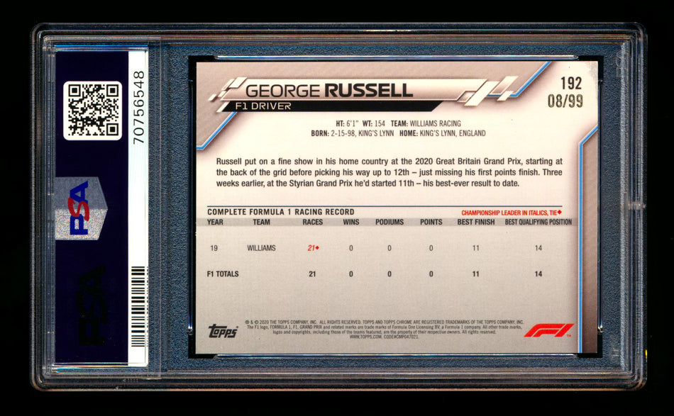 2020 Topps Chrome Sapphire F1 #192 George Russell RC Aqua Refractor #08/99 PSA 10