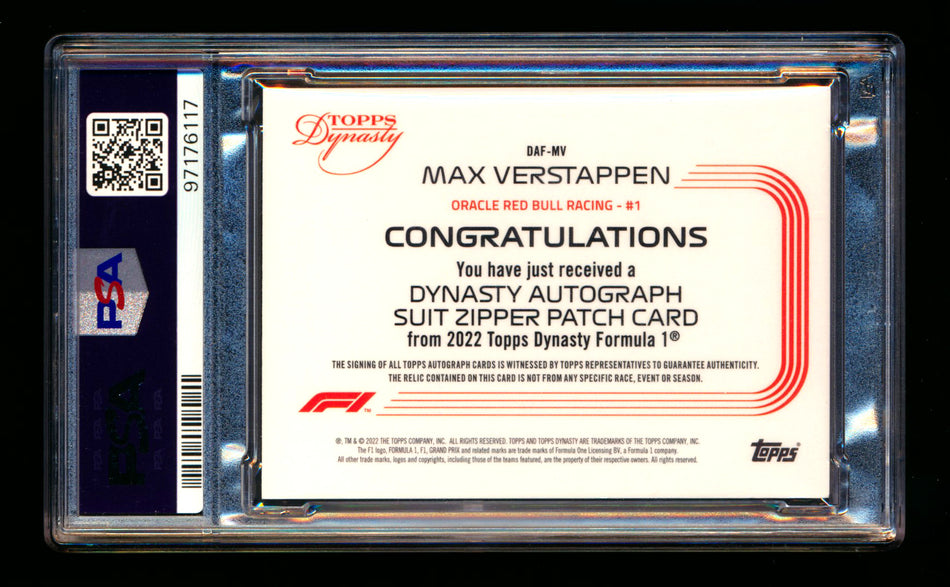 2022 Topps Dynasty F1 #DAF-MV Max Verstappen Zipper Patch Autograph #09/10 PSA 9 Mint DNA 9 ** (SOLD eBay - $2,500.00 - 9/10/2025) **