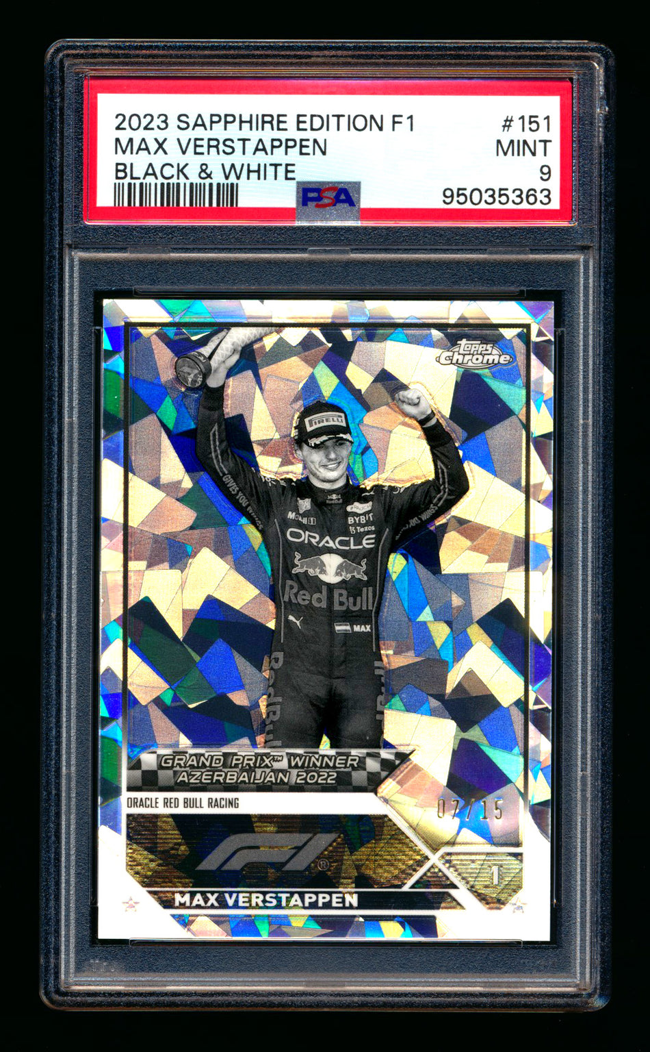 2023 Topps Chrome Sapphire F1 #151 Max Verstappen Black & White Refractor #07/15 PSA 9