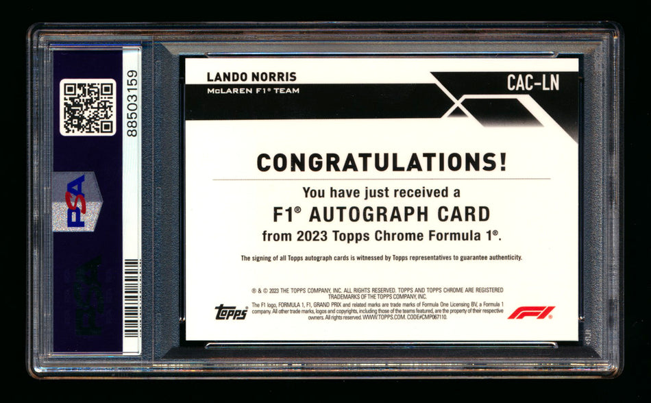 2023 Topps Chrome F1 #CAC-LN Lando Norris Refractor Autograph PSA 10 DNA 10