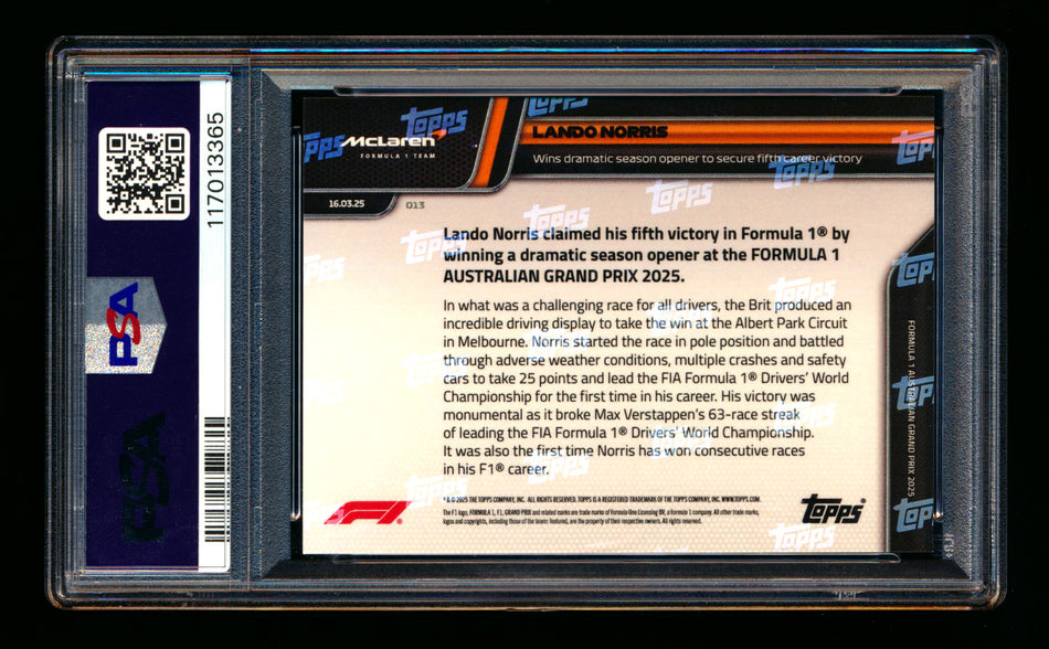 2025 Topps Now F1 #13 Lando Norris Orange Foil #02/25 PSA 10 - POP 1! ** (SOLD eBay - $225.00 - 9/28/2025) **