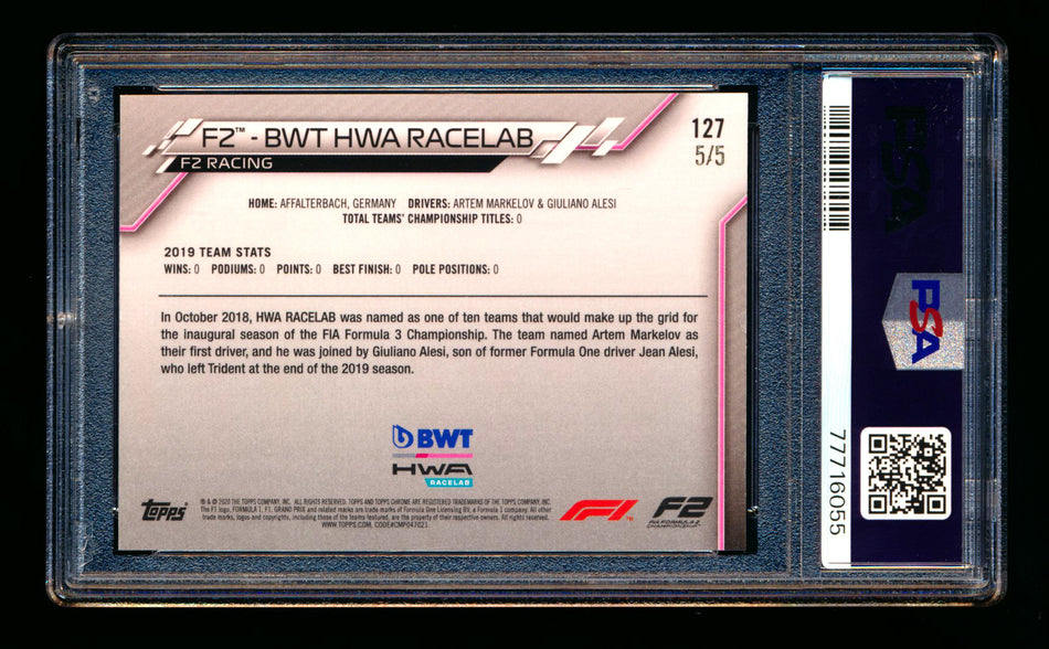 2020 Topps Chrome Sapphire F1 #127 BWT HWA Racelab Team Logo RC Red Refractor #5/5 PSA 8 (Last #!)