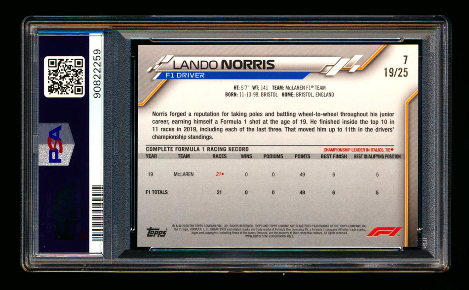 2020 Topps Chrome Sapphire F1 #7 Lando Norris RC Orange Refractor Portrait #19/25 PSA 8