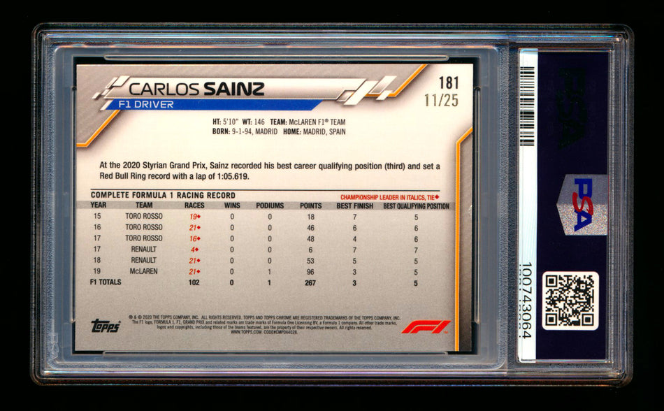 2020 Topps Chrome F1 #181 Carlos Sainz RC Orange Refractor #11/25 PSA 8 ** (SOLD eBay - $95.00 - 9/23/2025) **