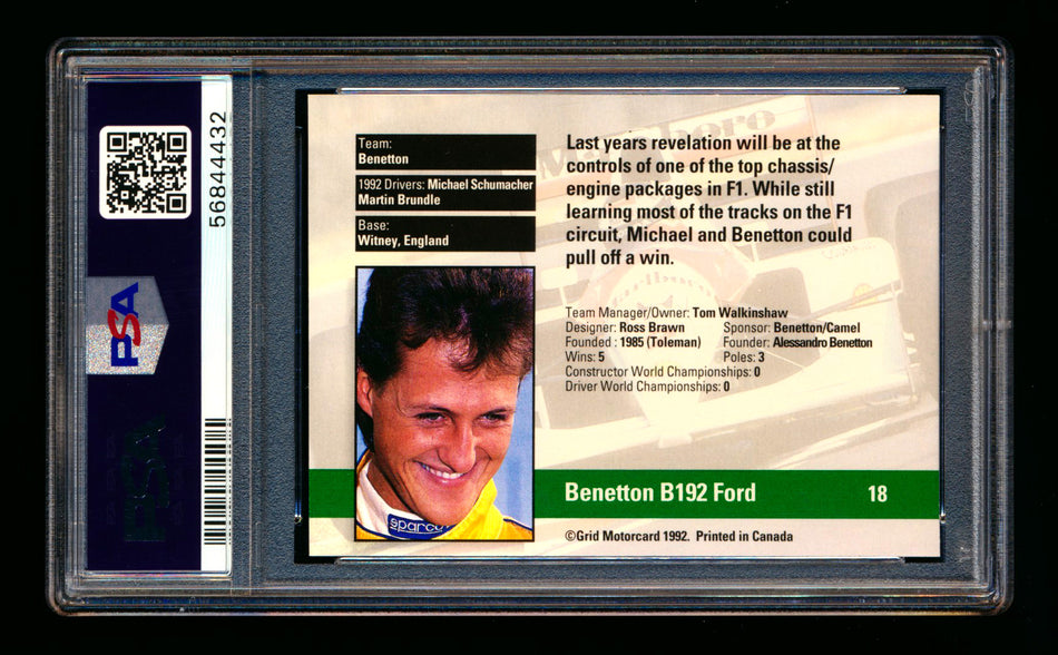 1992 Grid F1 #18 Michael Schumacher RC Rookie PSA 10