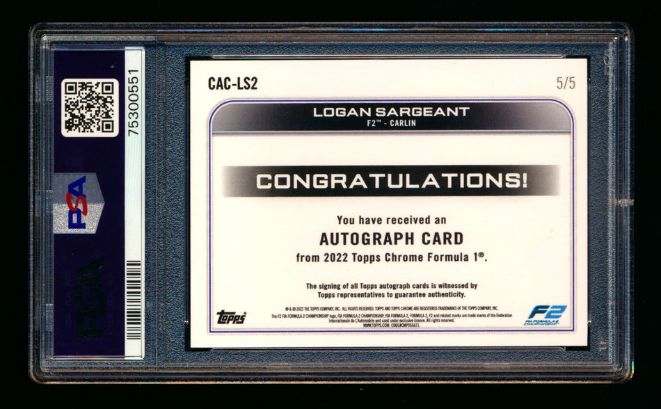 2022 Topps Chrome F1 #CAC-LS2 Logan Sargeant RC Red Refractor Autograph #5/5 PSA Authentic DNA 10 (Last #!)