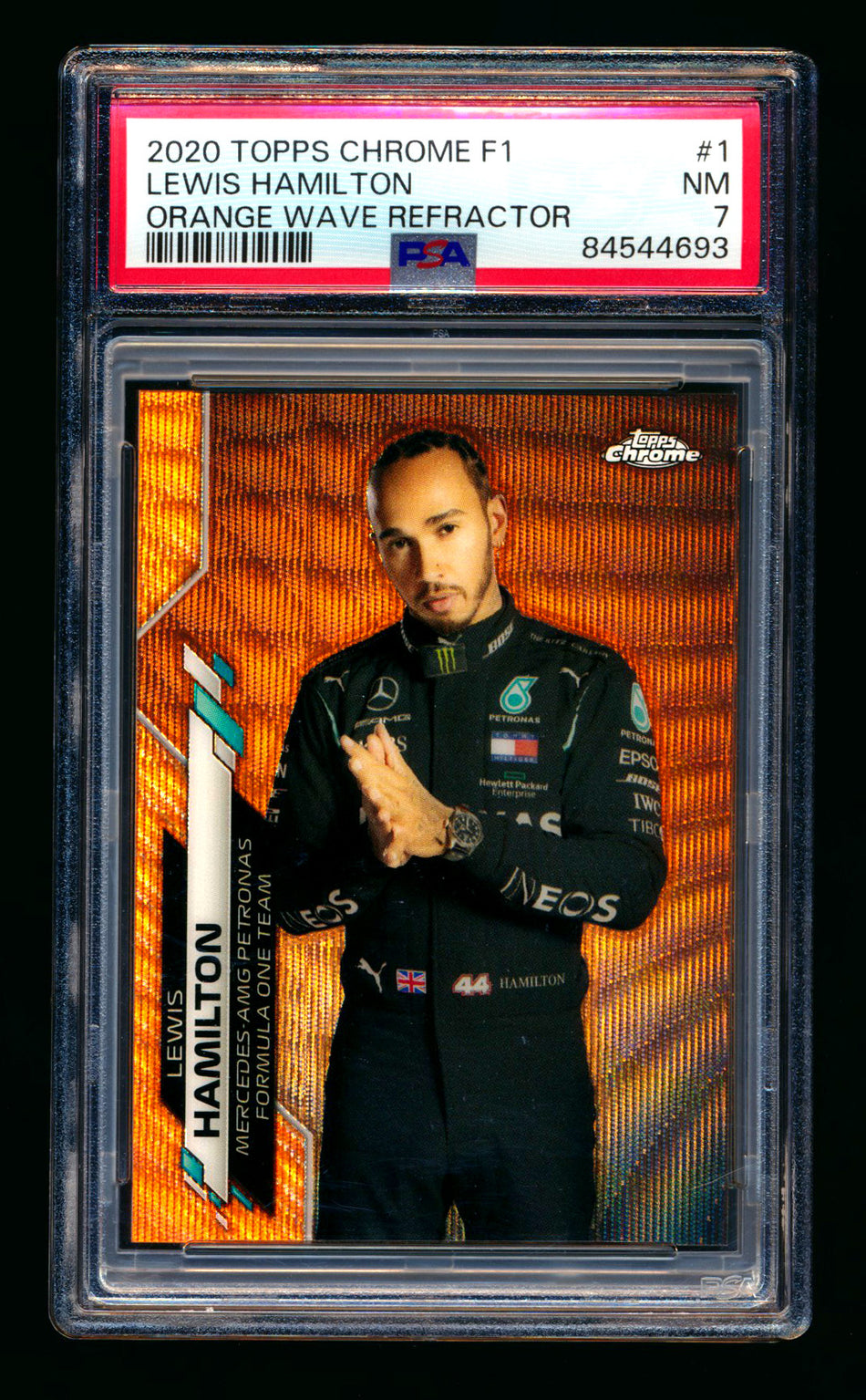 2020 Topps Chrome F1 #1 Lewis Hamilton RC Orange Wave Refractor Portrait #04/25 PSA 7