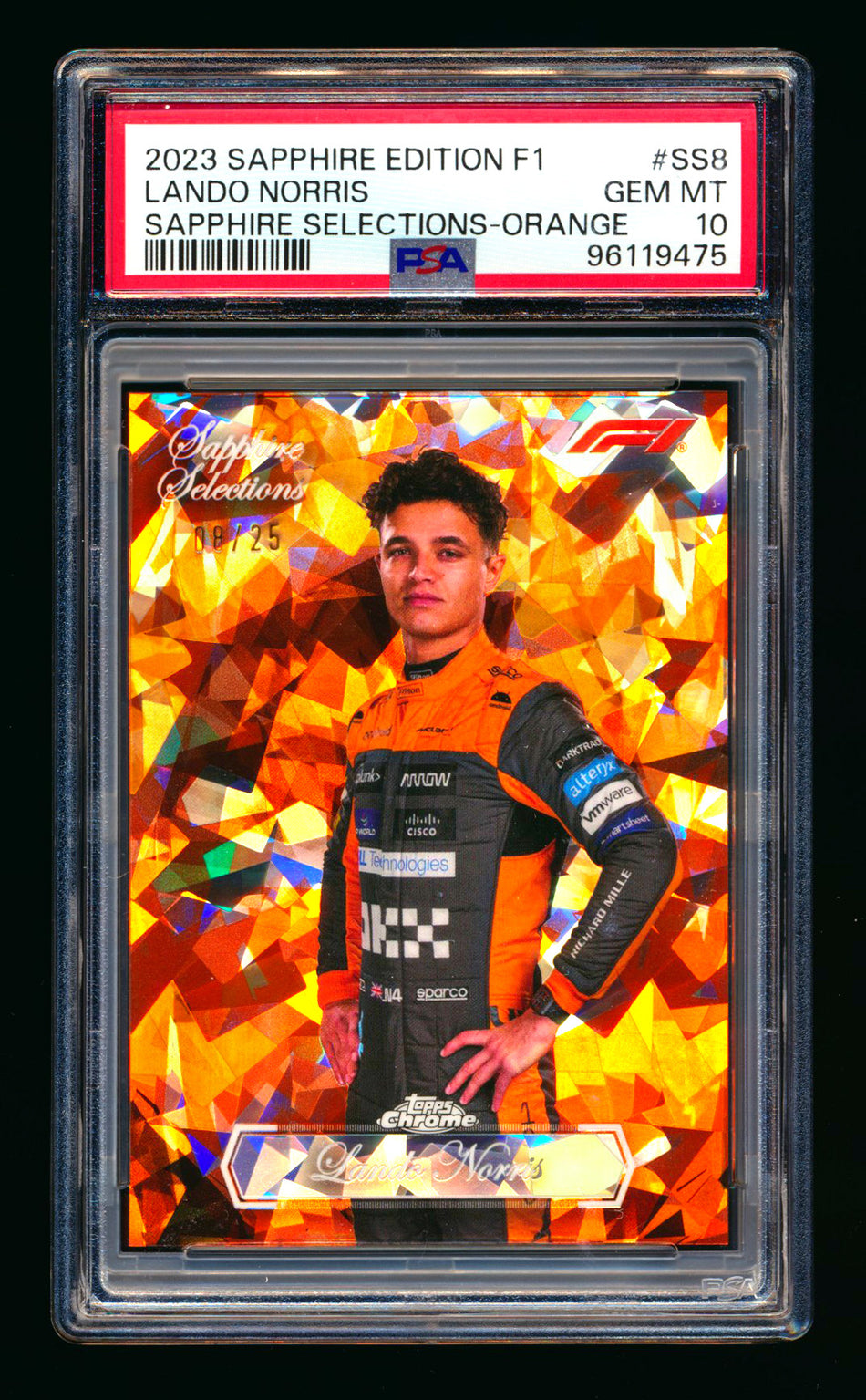2023 Topps Chrome F1 Sapphire Selections #SS-8 Lando Norris Orange Refractor #08/25 PSA 10