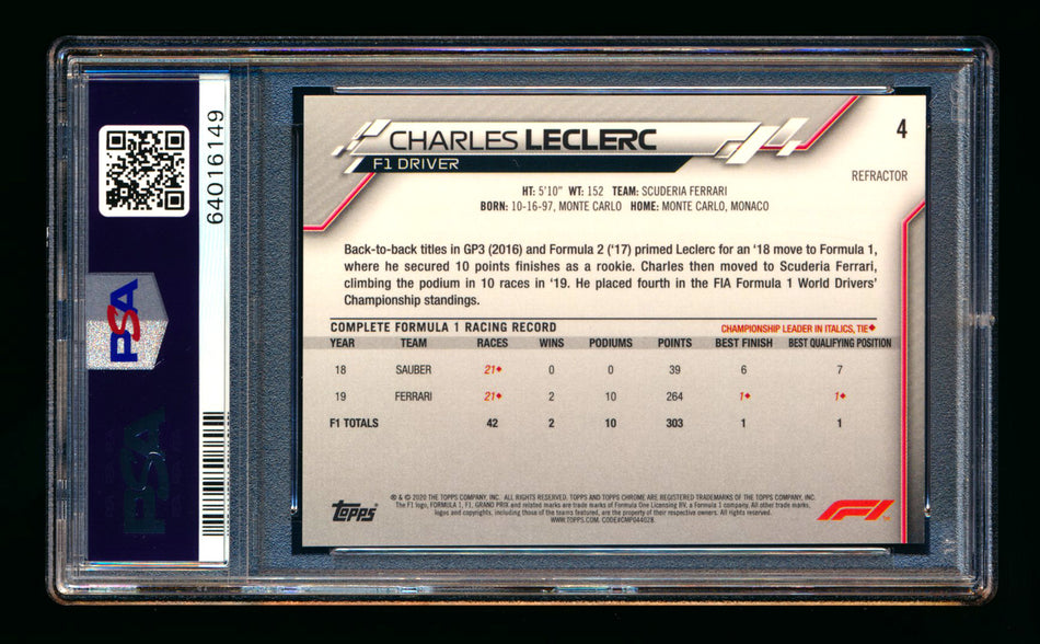 2020 Topps Chrome F1 #4 Charles Leclerc RC Refractor Portrait PSA 10 ** (SOLD eBay - $300.00 - 9/14/2025) **