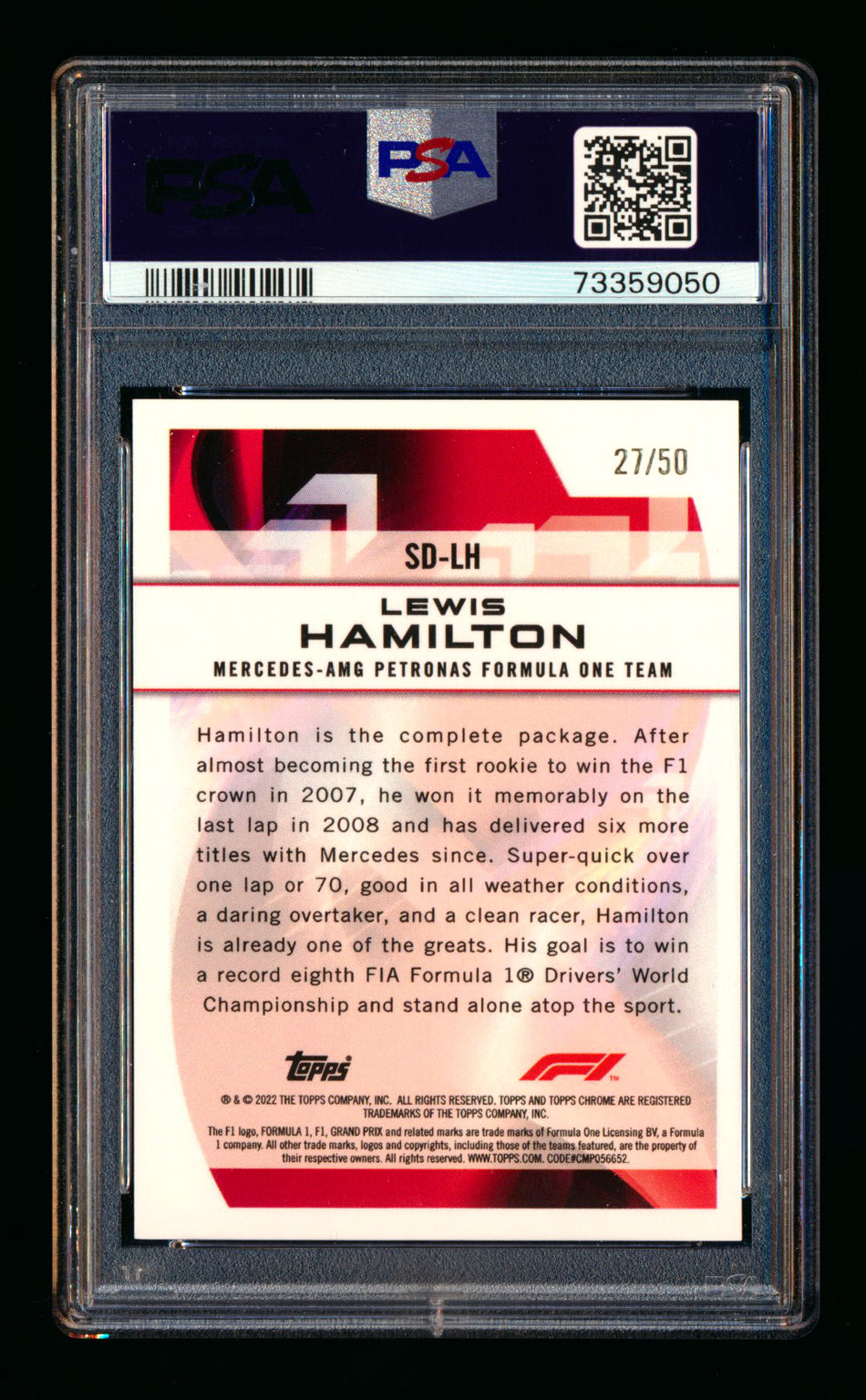 2022 Topps Chrome F1 Speed Demons #SD-LH Lewis Hamilton Gold Refractor #27/50 PSA 10