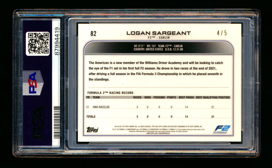 2022 Topps Chrome Sapphire F1 #82 Logan Sargeant RC Red Refractor #4/5 PSA 6