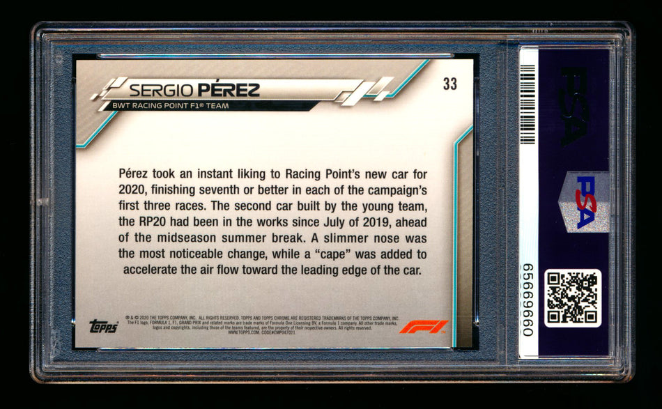 2020 Topps Chrome Sapphire F1 #33 Sergio Perez RC Refractor PSA 10