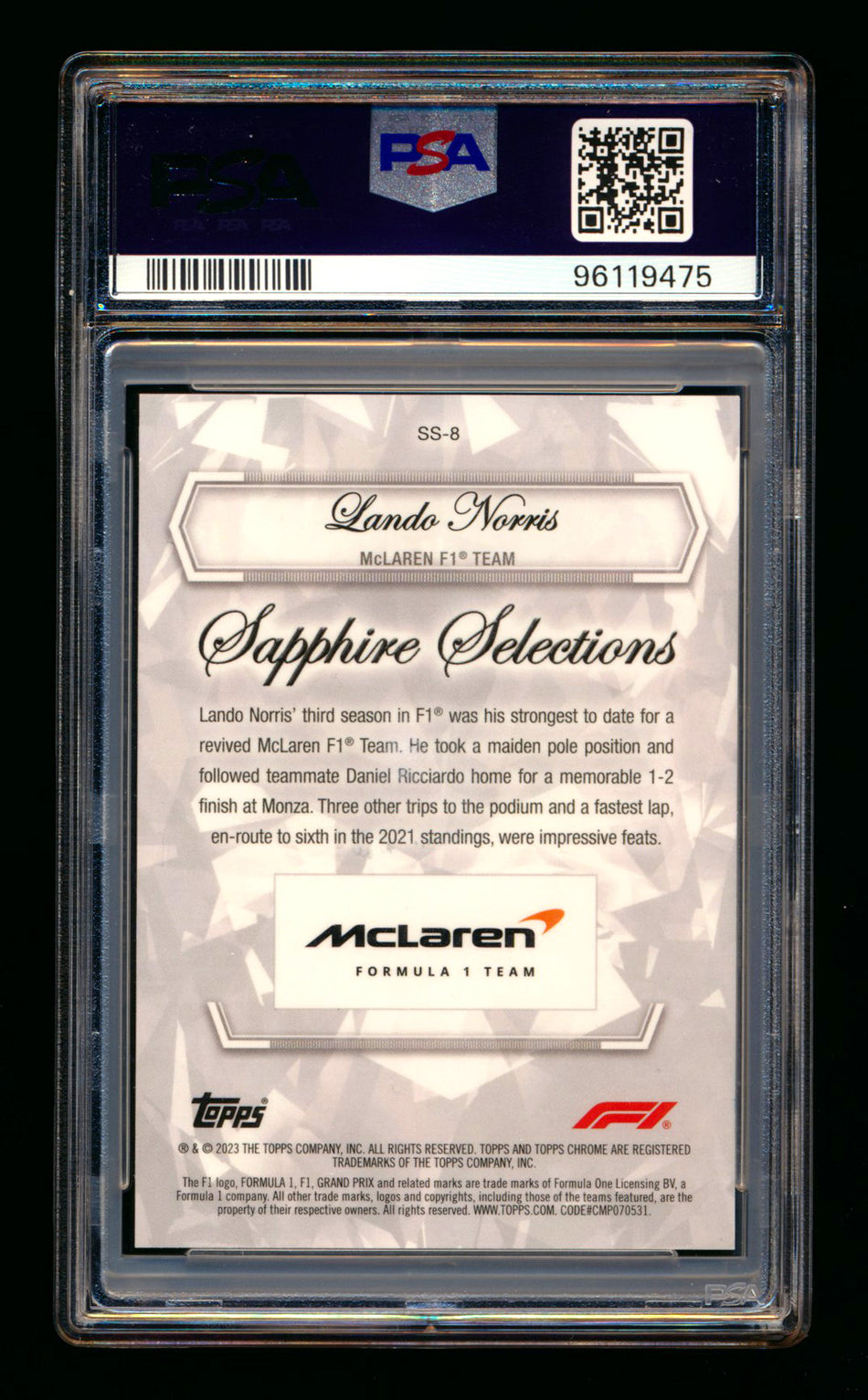 2023 Topps Chrome F1 Sapphire Selections #SS-8 Lando Norris Orange Refractor #08/25 PSA 10