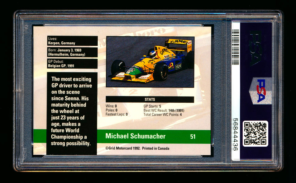 1992 Grid F1 #51 Michael Schumacher RC Rookie PSA 10