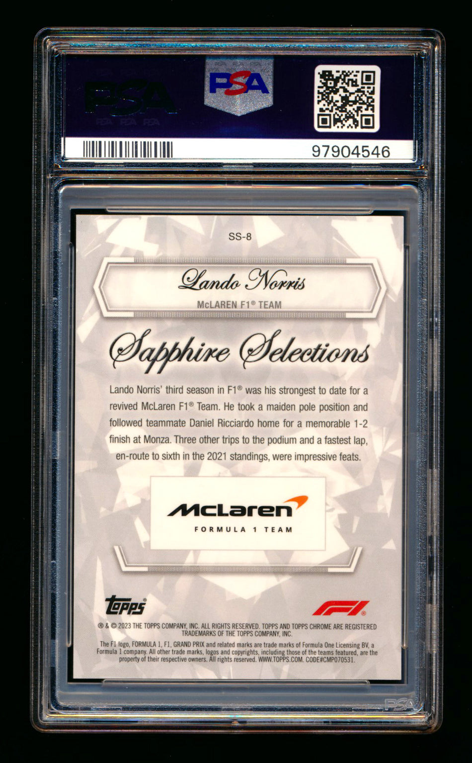 2023 Topps Chrome F1 Sapphire Selections #SS-8 Lando Norris Red Refractor #4/5 PSA 10 (Car Number #4!)
