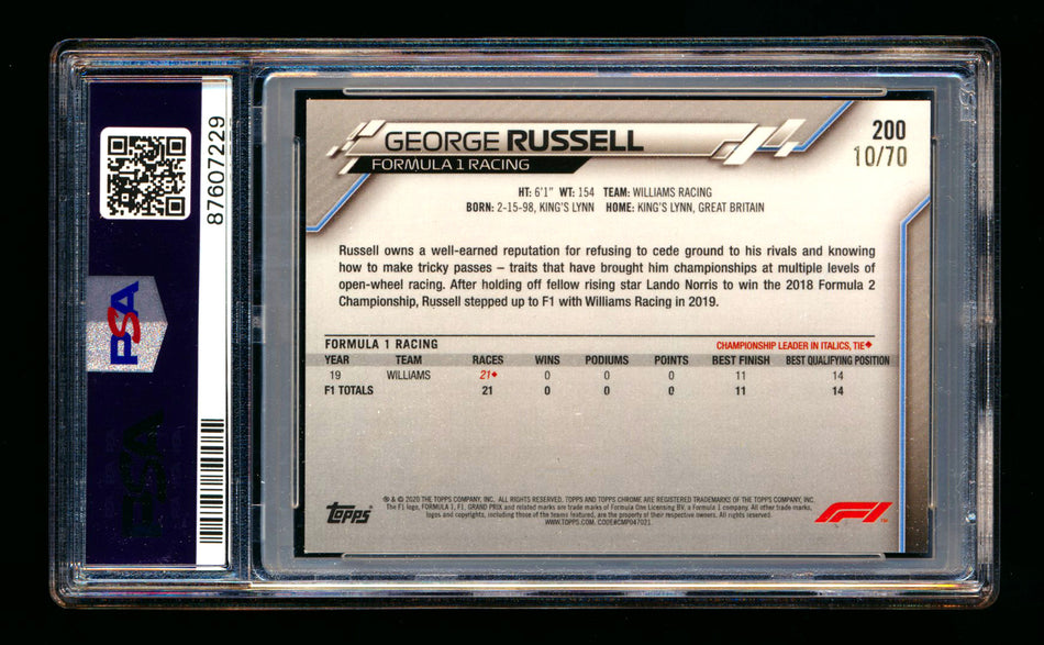 2020 Topps Chrome Sapphire F1 #200 George Russell RC 70th Silver Refractor #10/70 PSA 9