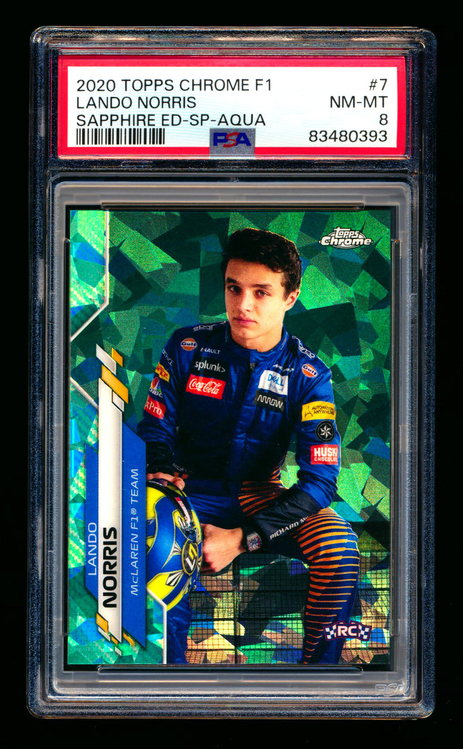 2020 Topps Chrome Sapphire F1 #7 Lando Norris RC Aqua Refractor Image Variation SP #95/99 PSA 8 ** (SOLD eBay - $350.00 - 9/23/2025) **