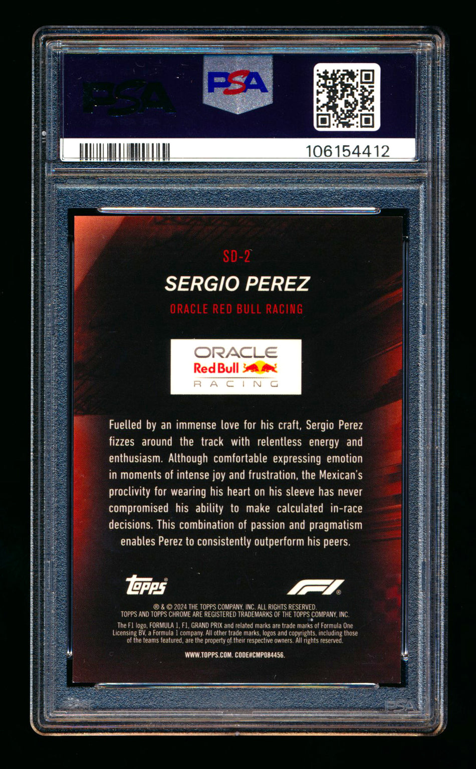 2024 Topps Chrome Sapphire F1 Speed Demons #SD-2 Sergio Perez Red Refractor #2/5 PSA 9 ** (SOLD eBay - $195.00 - 10/1/2025) **