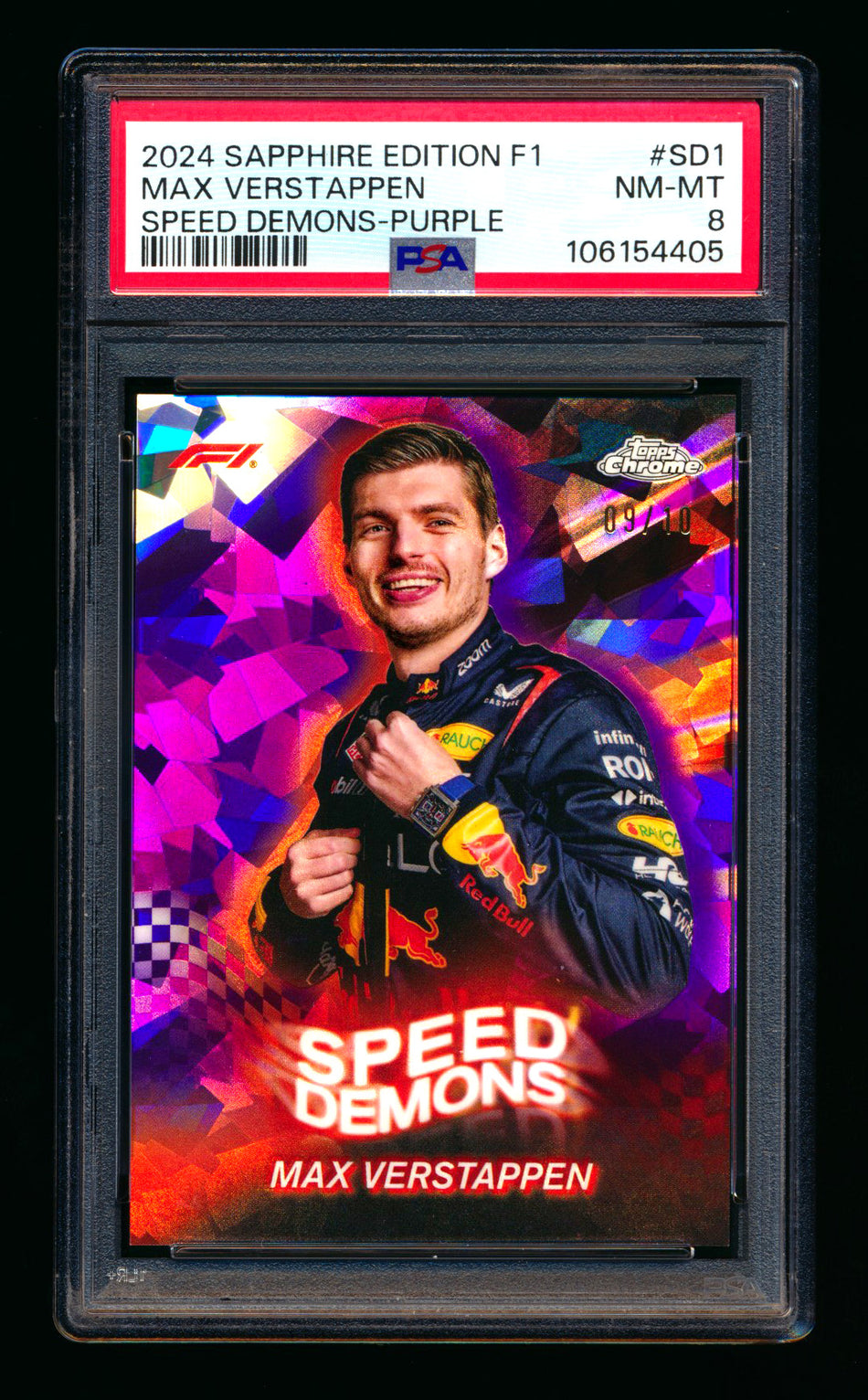2024 Topps Chrome Sapphire F1 Speed Demons #SD-1 Max Verstappen Purple Refractor #09/10 PSA 8 ** (SOLD eBay - $159.00 - 9/18/2025) **