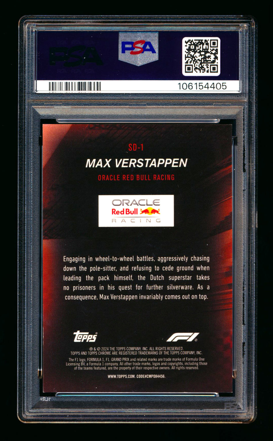 2024 Topps Chrome Sapphire F1 Speed Demons #SD-1 Max Verstappen Purple Refractor #09/10 PSA 8 ** (SOLD eBay - $159.00 - 9/18/2025) **