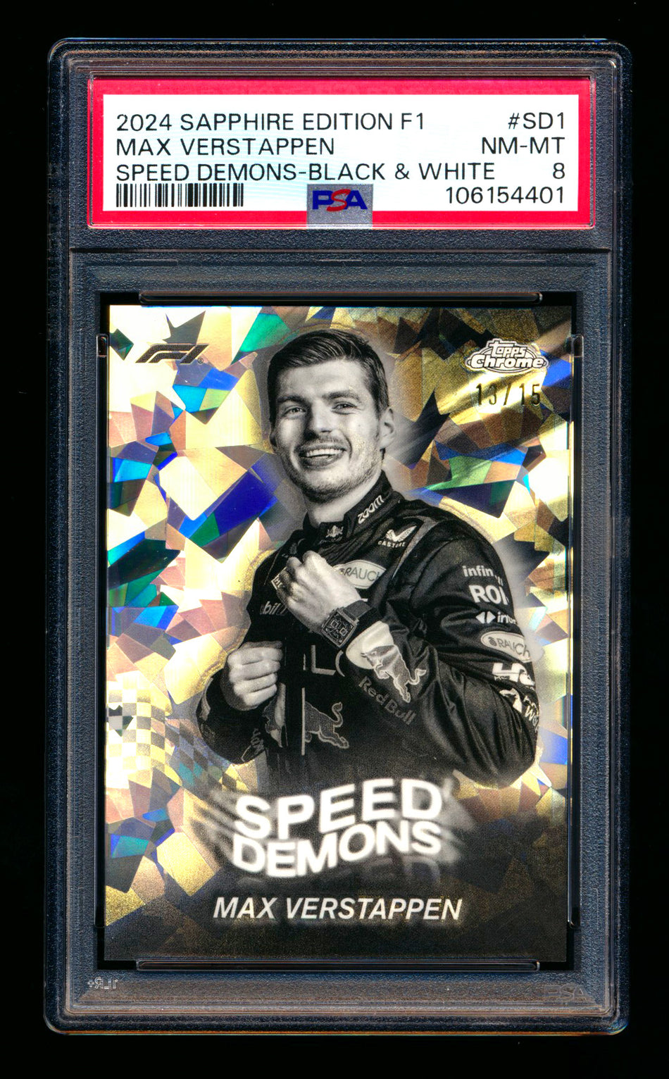 2024 Topps Chrome Sapphire F1 Speed Demons #SD-1 Max Verstappen Black & White Refractor #13/15 PSA 8