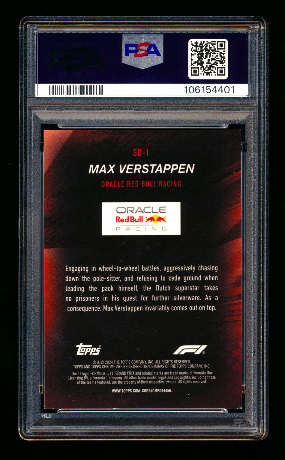 2024 Topps Chrome Sapphire F1 Speed Demons #SD-1 Max Verstappen Black & White Refractor #13/15 PSA 8
