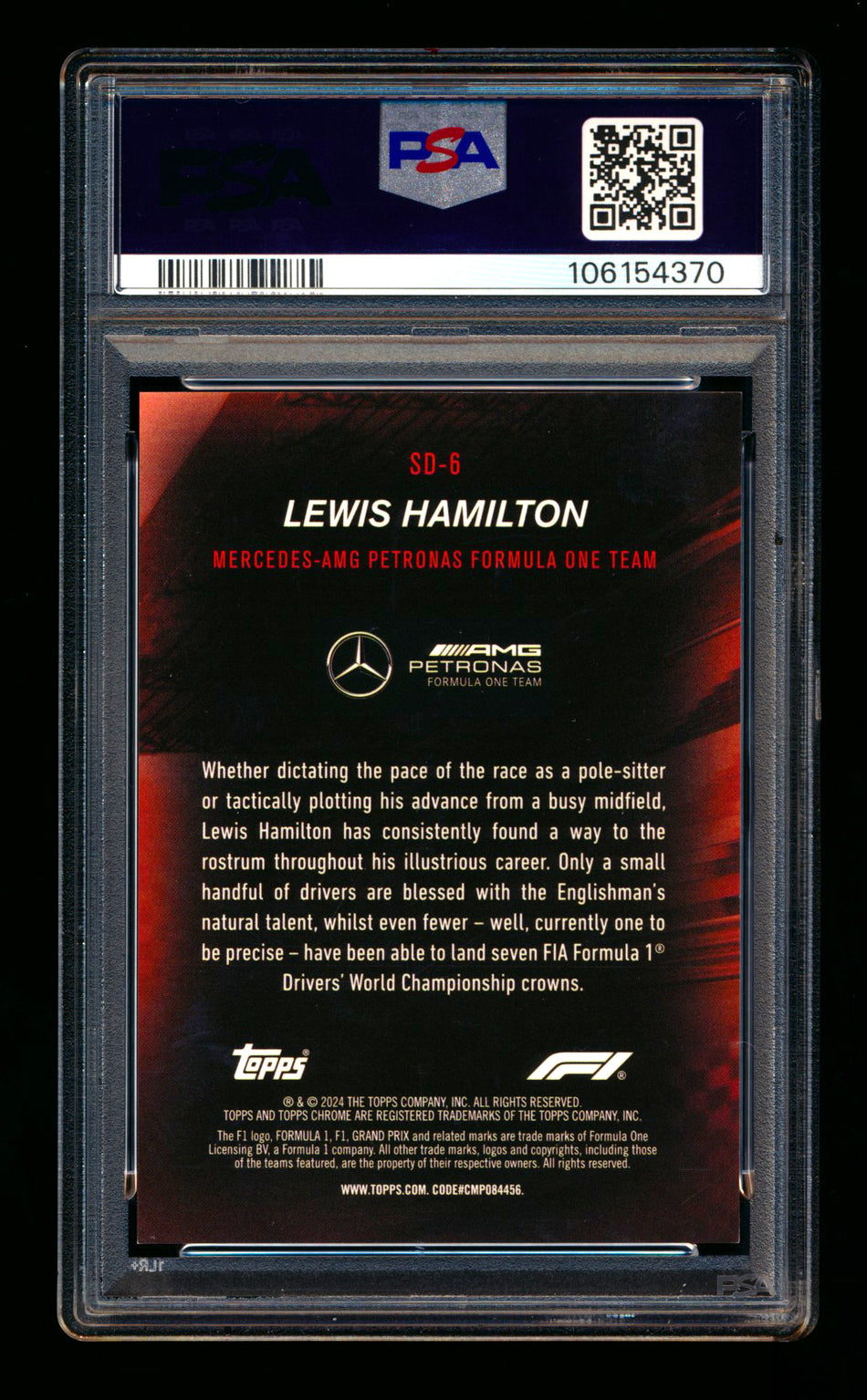 2024 Topps Chrome Sapphire F1 Speed Demons #SD-6 Lewis Hamilton Gold Refractor #34/50 PSA 10