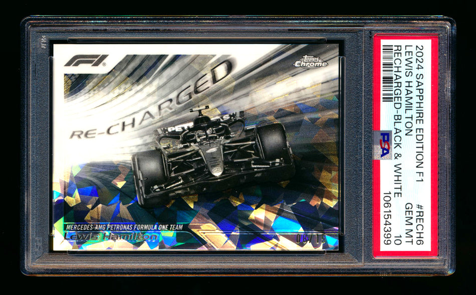 2024 Topps Chrome Sapphire F1 Recharged #RECH-6 Lewis Hamilton Black & White Refractor #08/15 PSA 10 - POP 1!