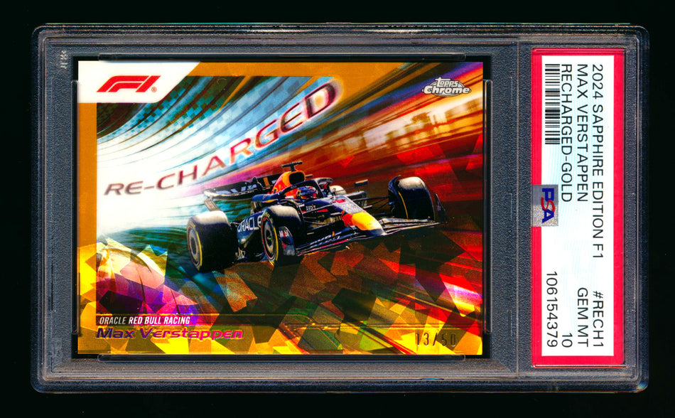 2024 Topps Chrome Sapphire F1 Recharged #RECH-1 Max Verstappen Gold Refractor #13/50 PSA 10