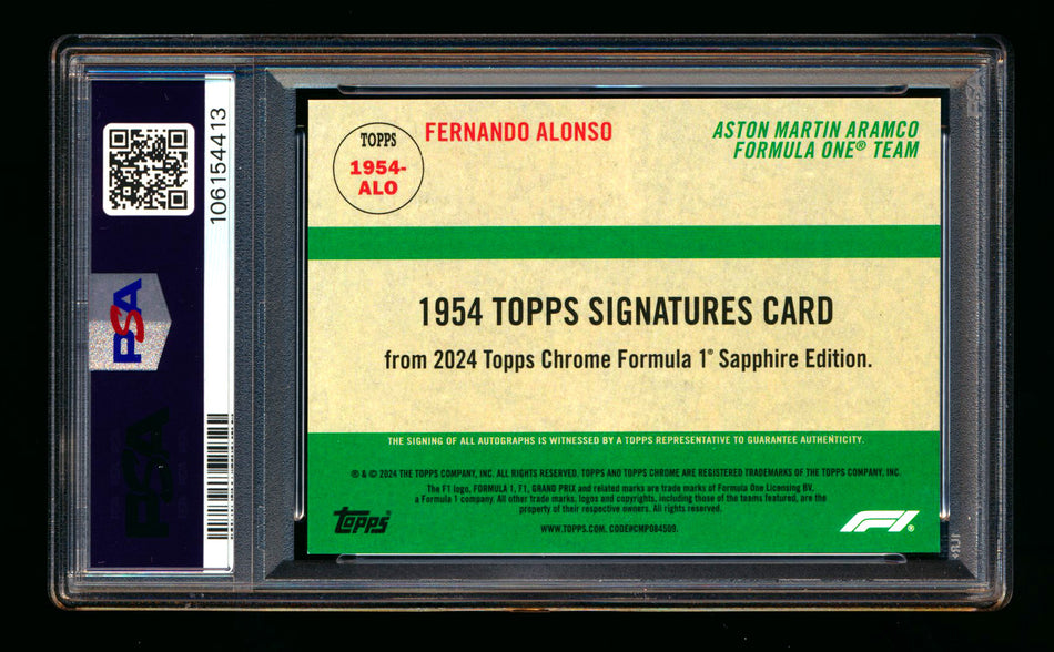 2024 Topps Chrome Sapphire F1 #1954-ALO Fernando Alonso 1954 Red Refractor Autograph #2/5 PSA 9