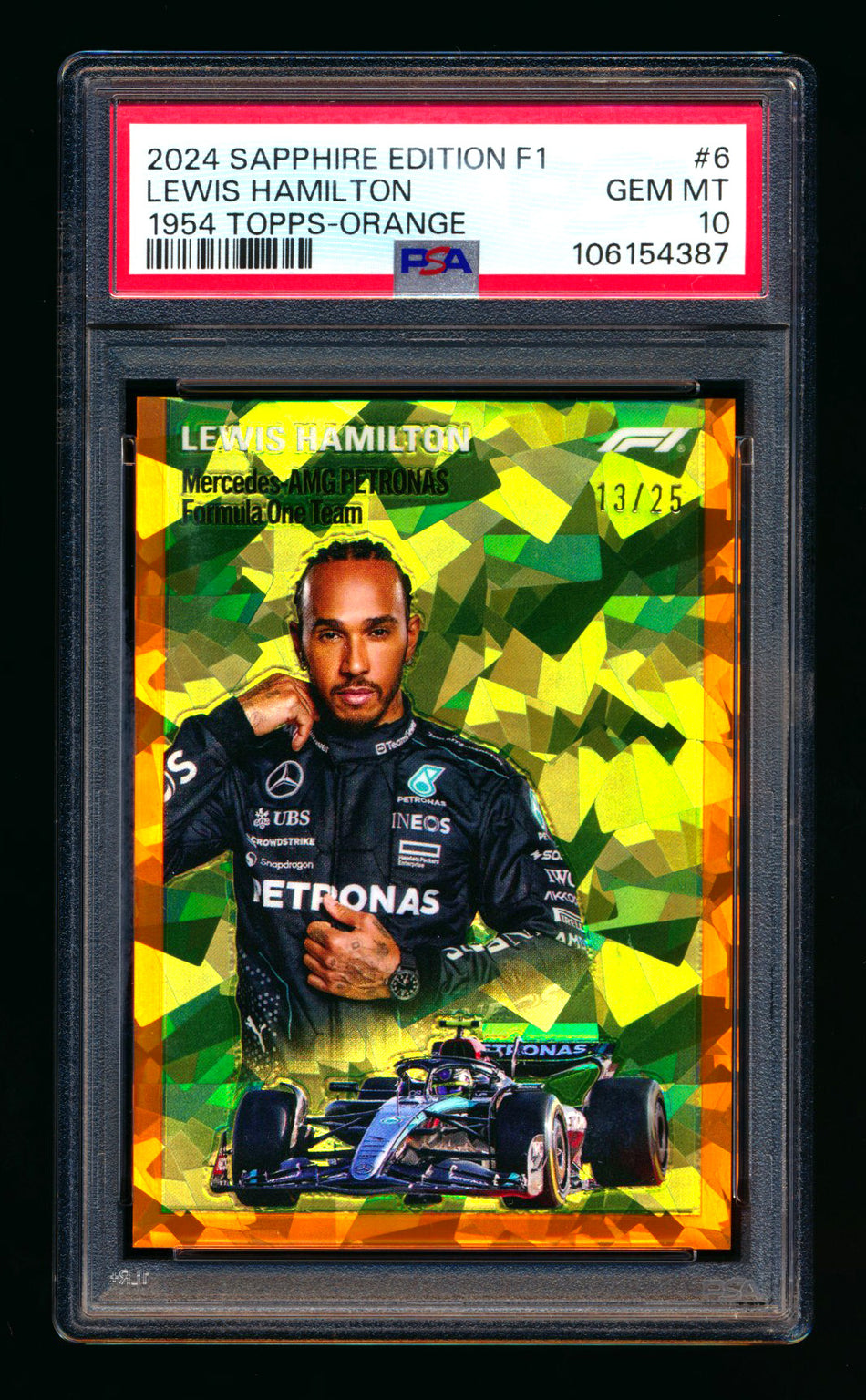 2024 Topps Chrome Sapphire F1 #1954-6 Lewis Hamilton 1954 Orange Refractor #13/25 PSA 10