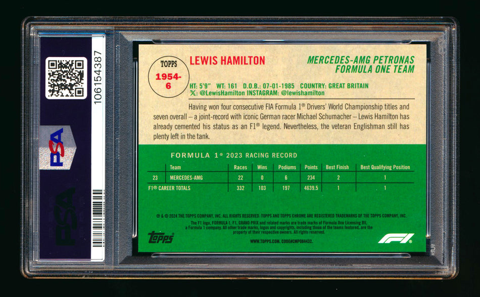 2024 Topps Chrome Sapphire F1 #1954-6 Lewis Hamilton 1954 Orange Refractor #13/25 PSA 10